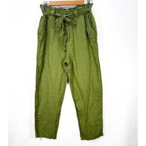 C&C California Crop Linen Pants‎ Medium Olive Green Belted Paper Bag Waist
